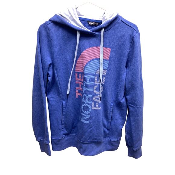 Womens The North Face Purple Blue Hoodie Sweatshirt With Large Logo On The Front - Picture 1 of 6
